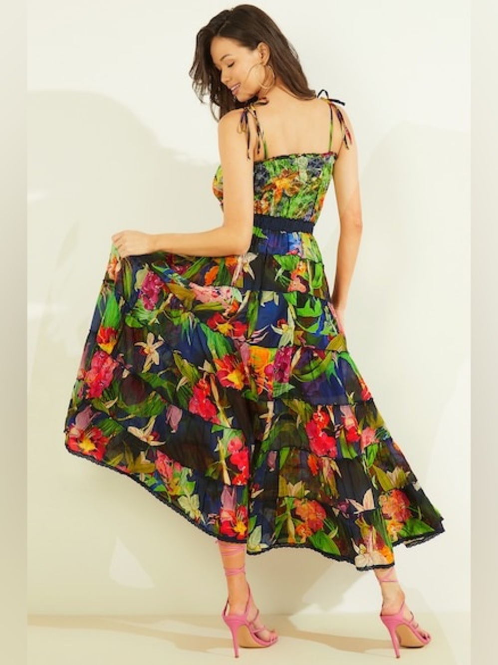 Guess Kinsley Tiered Vibrant Floral Tie Straps Maxi Dress Sz XS - Picture 5 of 16